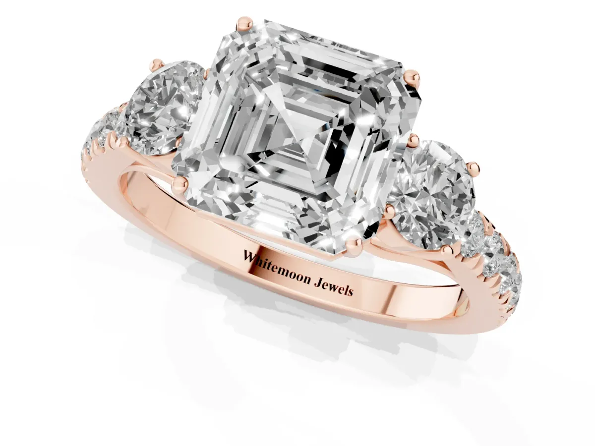 Asscher Cut Cut Diamond Three-Stone Ring with Round Side Stones and Pavé Band Rose gold