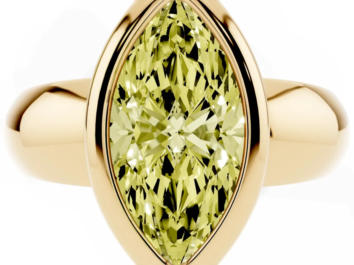 Fancy Yellow Bezel Set Marquise Cut Solitaire Ring with Wide Band Yellow gold