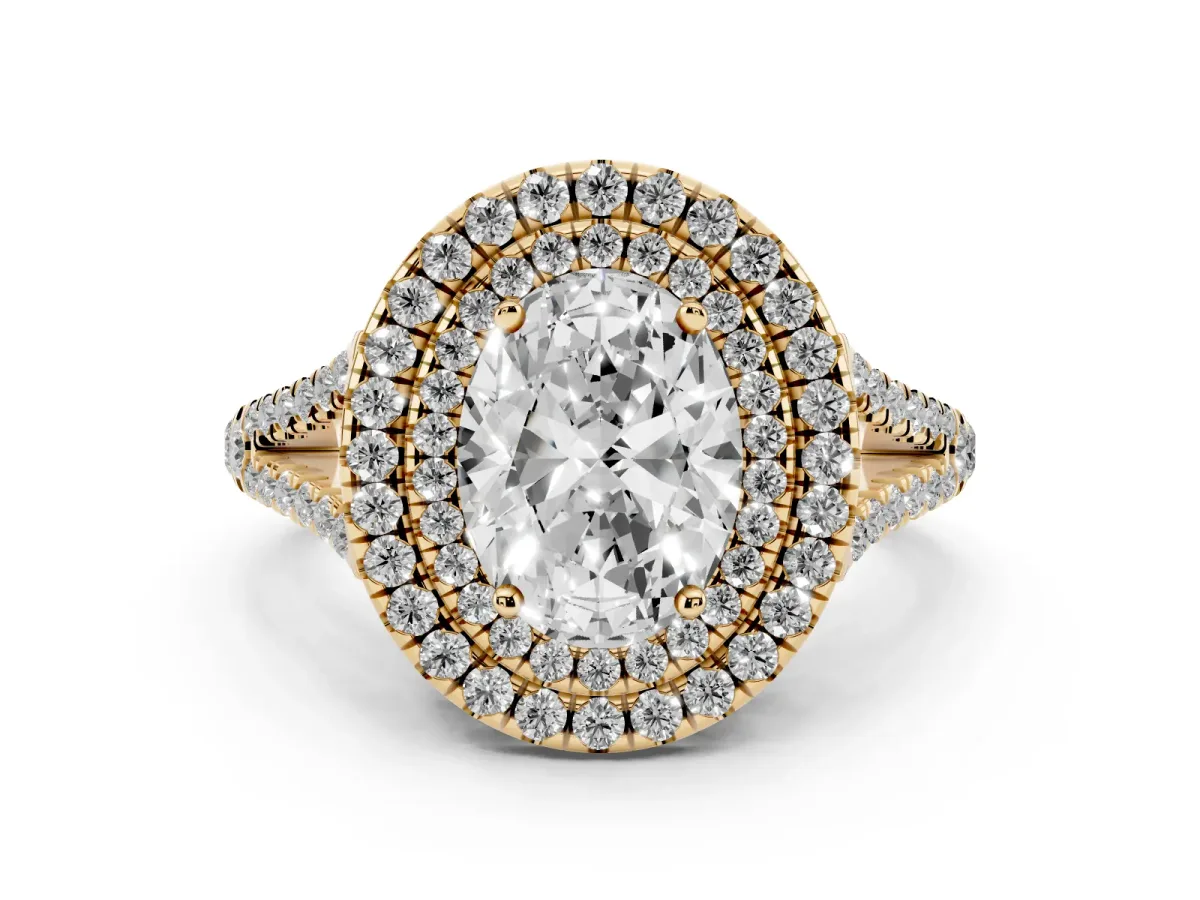 Oval Cut Diamond Double Halo Ring with Pavé Band and Prong Setting Yellow gold