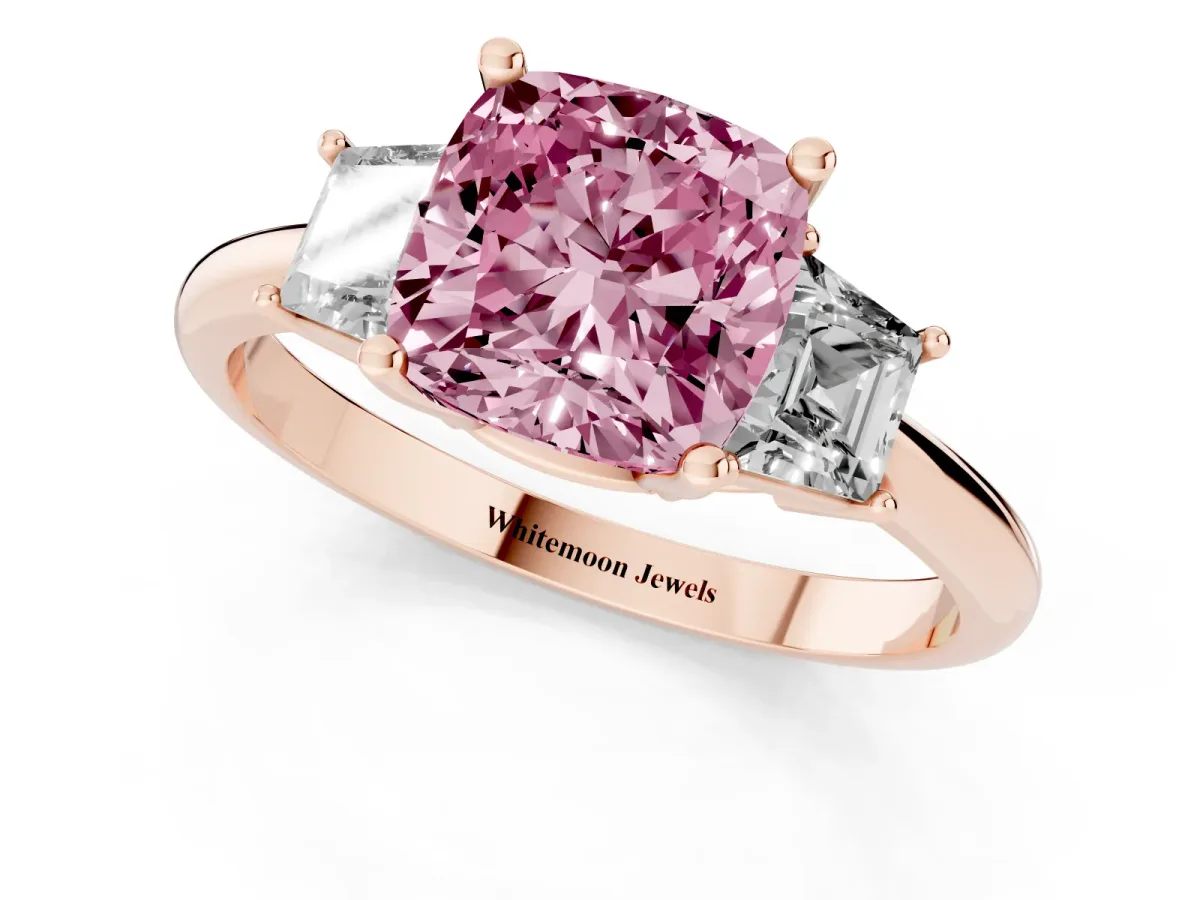 Fancy Pink Cushion Cut Diamond Three-Stone Ring with Trapezoid Side Stones and Prong Setting Rose gold