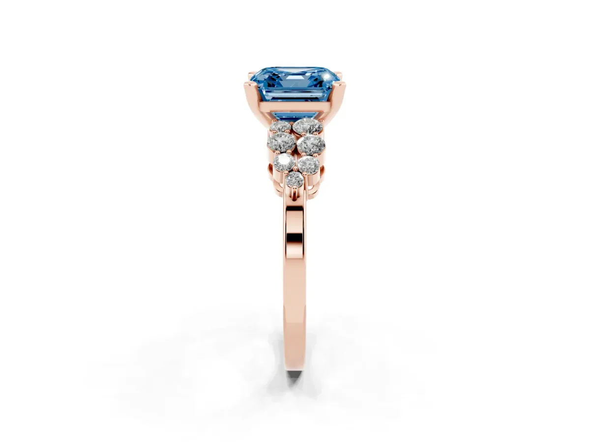 Fancy Blue Asscher Cut Cluster Diamond Engagement Ring with Pavé Band and Four-Prong Setting Rose gold