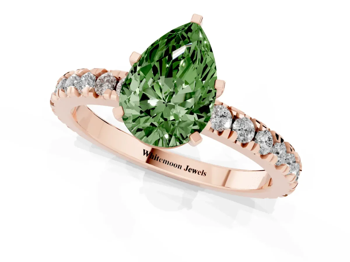 Fancy Green Pear Cut Diamond Pavé Band Solitaire with Four-Prong Setting Rose gold
