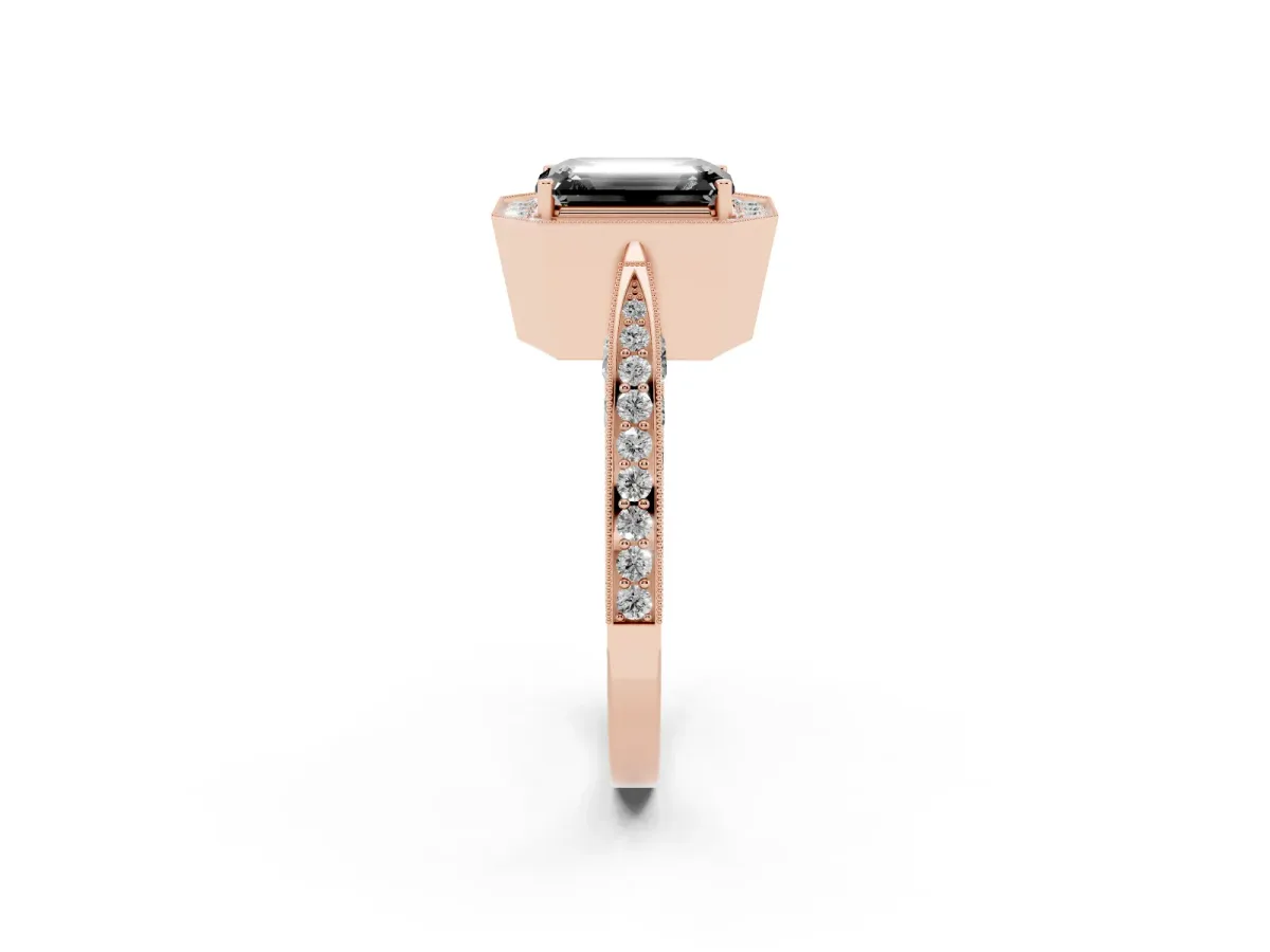 Fancy Black Emerald Cut Halo Diamond Engagement Ring with Split Shank Band and Four-Prong Setting Rose gold