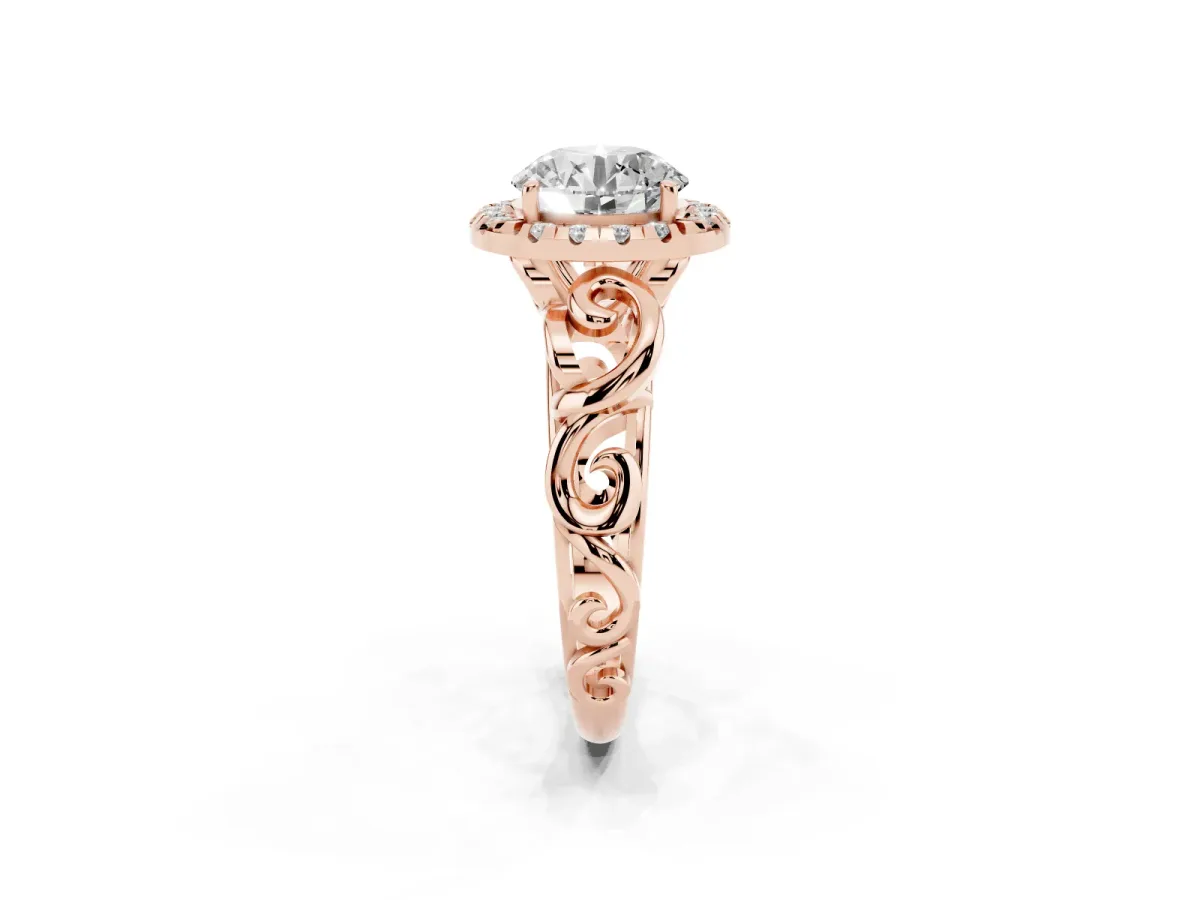 Round Cut Cut Halo Diamond Ring with Scrollwork Band and Four-Prong Setting Rose gold