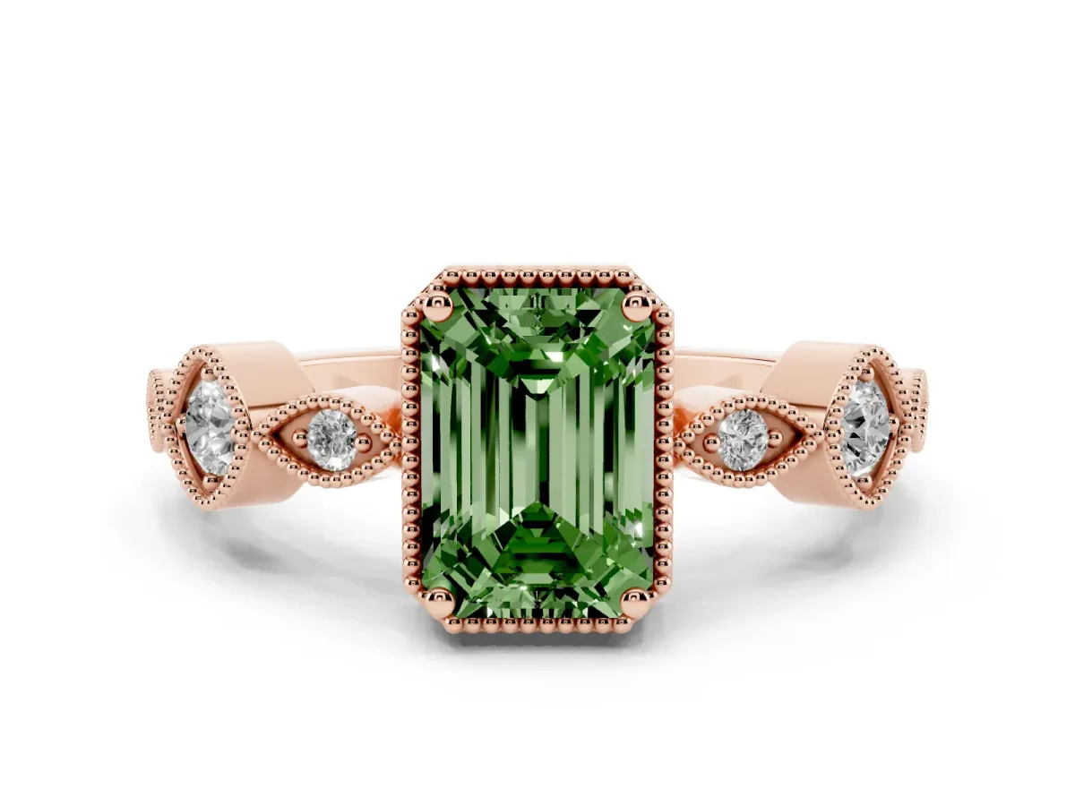 Fancy Green Emerald Cut Diamond Vintage Milgrain Ring with Round Stations Rose gold