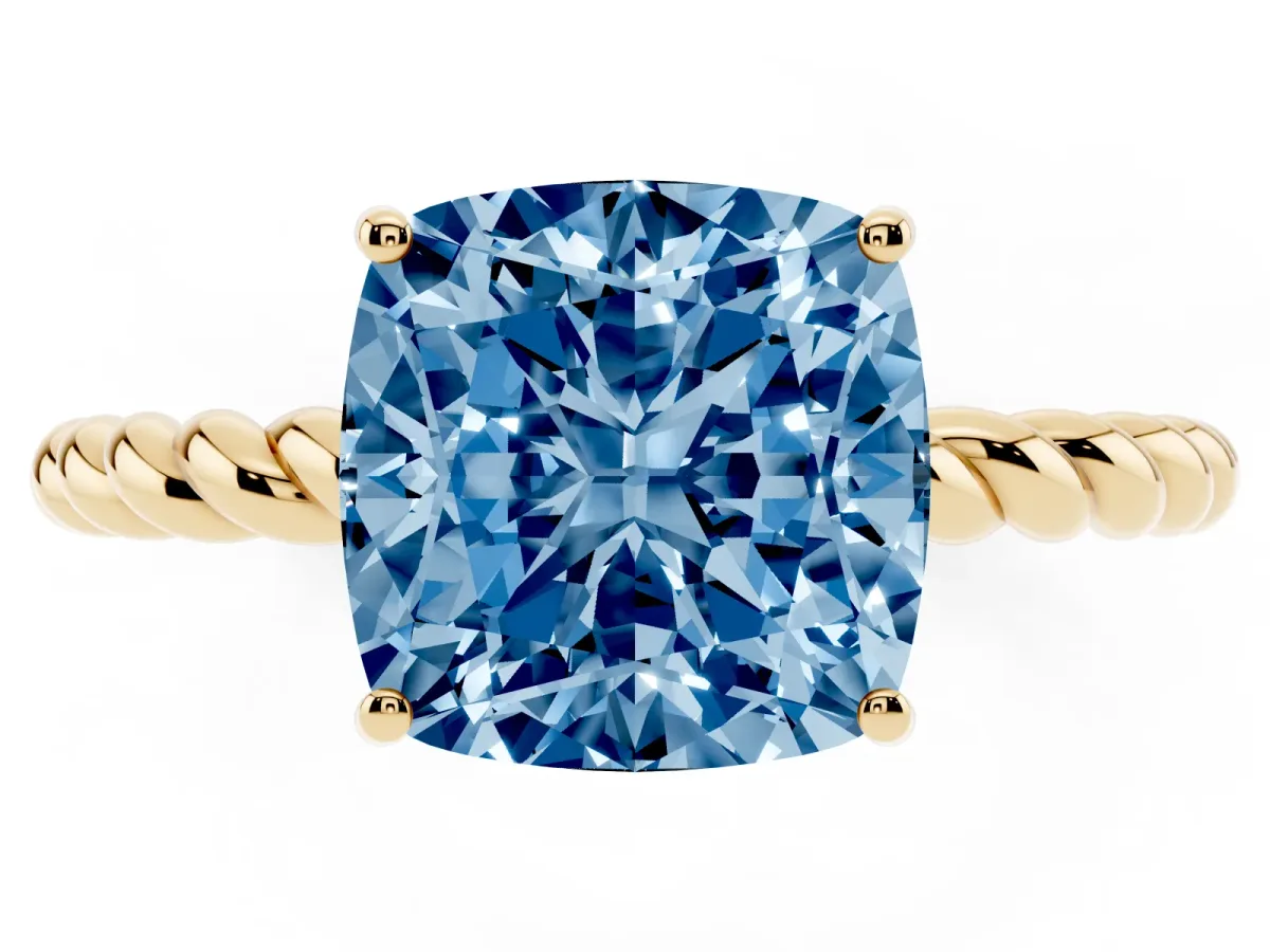 Fancy Blue Cushion Cut Solitaire Twist Band Ring with Four-Prong Setting Yellow gold