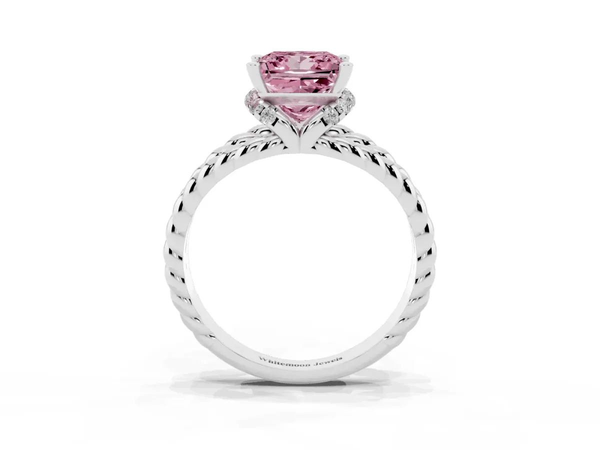 Fancy Pink Princess Cut Halo Twisted Band Four-Prong Ring Silver