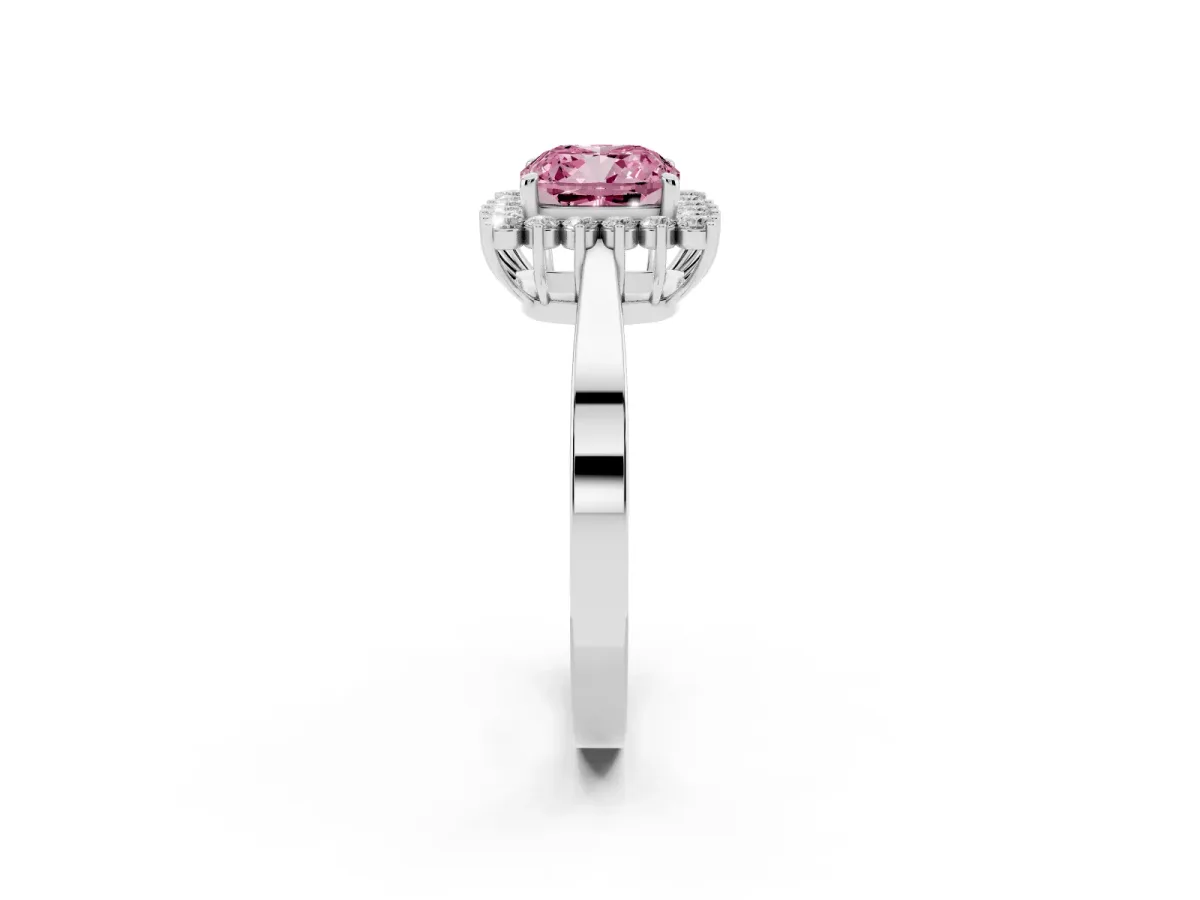 Fancy Pink Cushion Cut Cut Diamond Halo Ring with Round Brilliant Halo and Solitaire Band Platinum