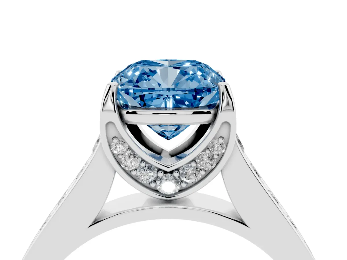 Fancy Blue Cushion Cut Brilliant Cut Diamond Engagement Ring with Pavé Band and Four-Prong Setting White gold