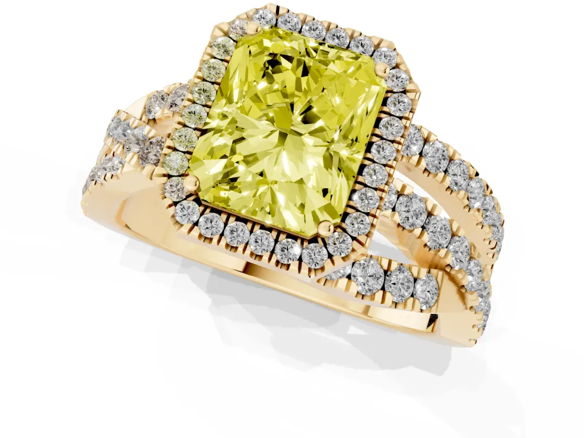 Fancy Yellow Radiant Cut Diamond Halo Ring with Round Split Shank and Prong Setting Yellow gold