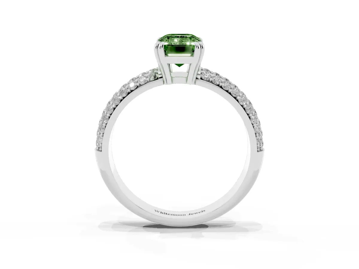 Fancy Green Emerald Cut Diamond Solitaire Ring with Multi-Row Round Pavé Band and Prong Setting Silver
