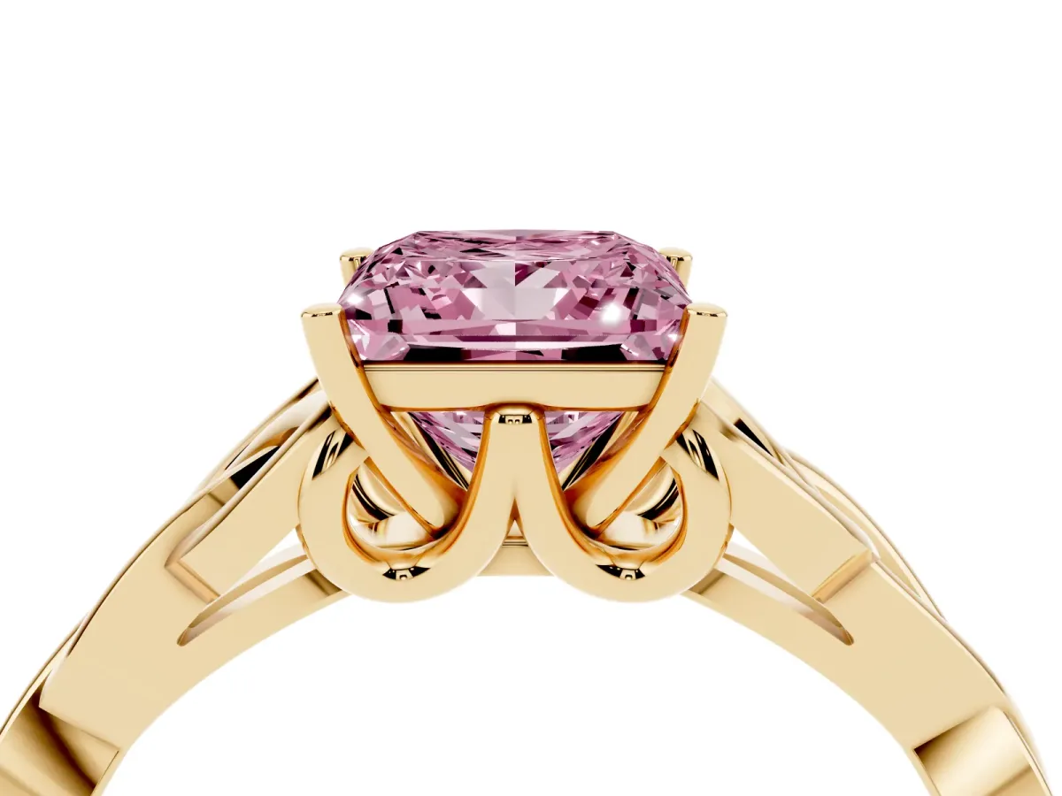 Fancy Pink Princess Cut Diamond Solitaire Engagement Ring with Celtic Knot Band and Four-Prong Setting Yellow gold