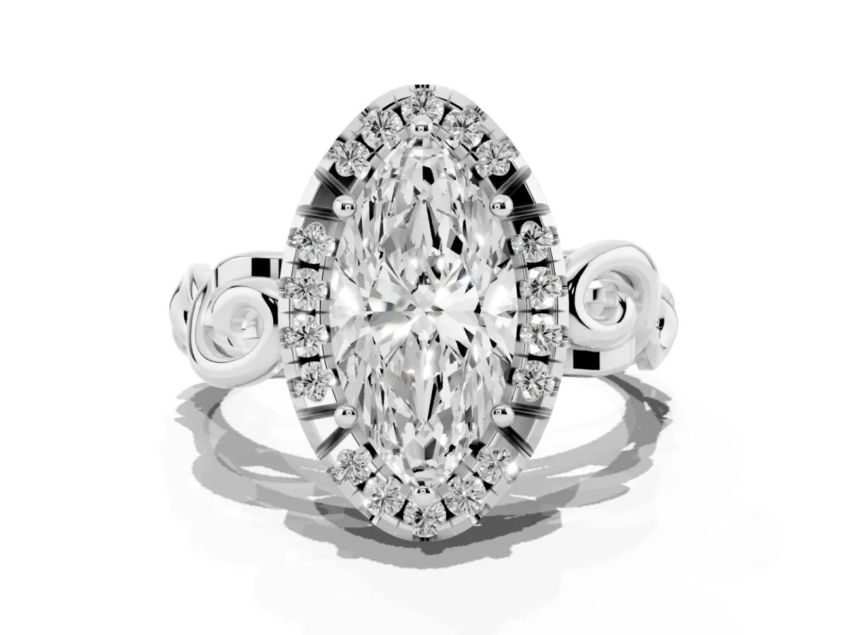 Marquise Cut Cut Halo Diamond Ring with Scrollwork Band and Four-Prong Setting Silver