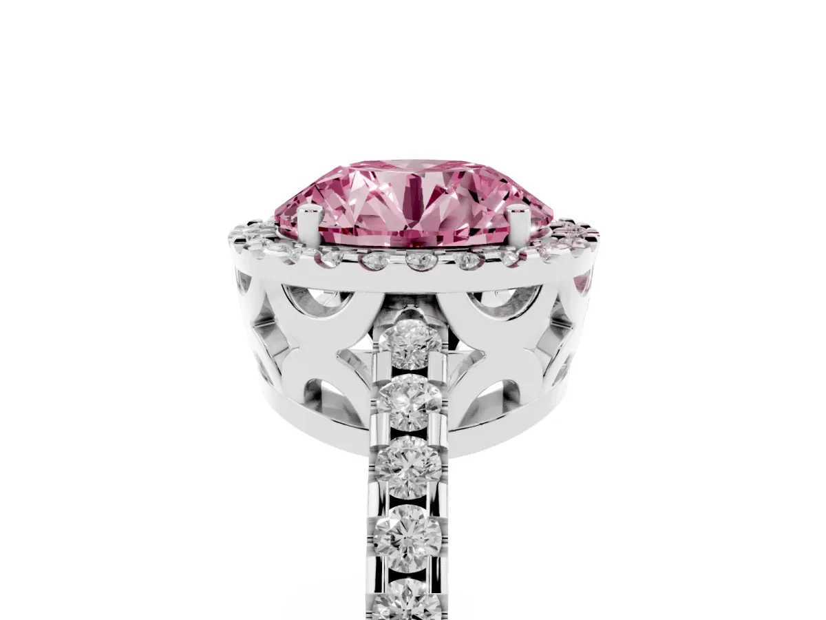 Fancy Pink Round Cut Diamond Halo Engagement Ring with Pavé Band and Prong Setting Platinum