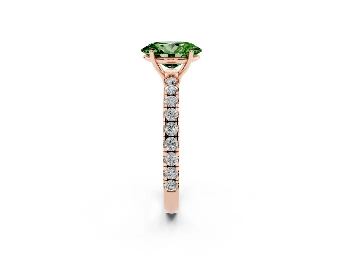 Fancy Green Oval Cut Diamond Pavé Solitaire Engagement Ring with Four-Prong Setting Rose gold
