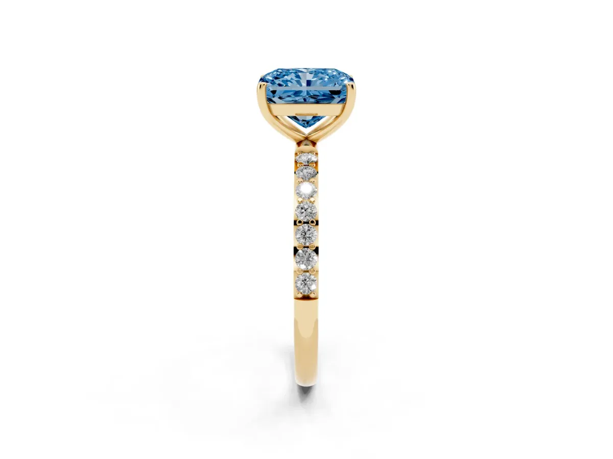 Fancy Blue Radiant Cut Diamond Solitaire Ring with Round Pavé Shoulders and Prong Setting Yellow gold