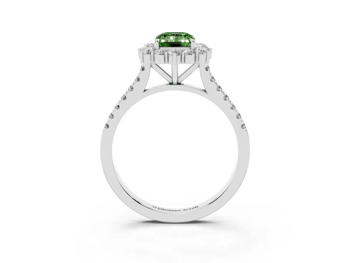 Fancy Green Emerald Cut Halo Diamond Ring with Pavé Band and Prong Setting Silver