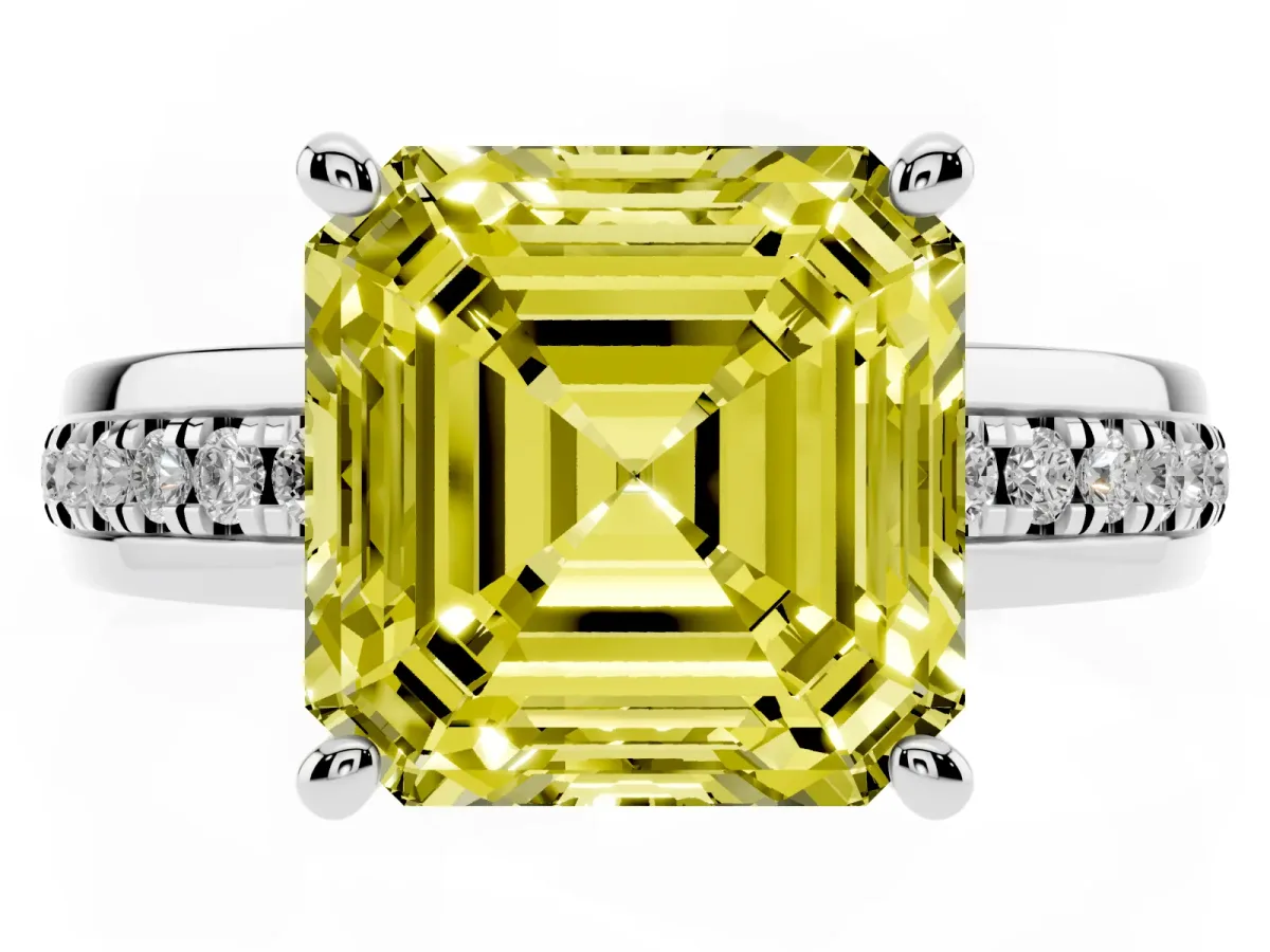 Fancy Yellow Asscher Cut Solitaire Diamond Ring with Channel Set Band and Six-Prong Setting White gold