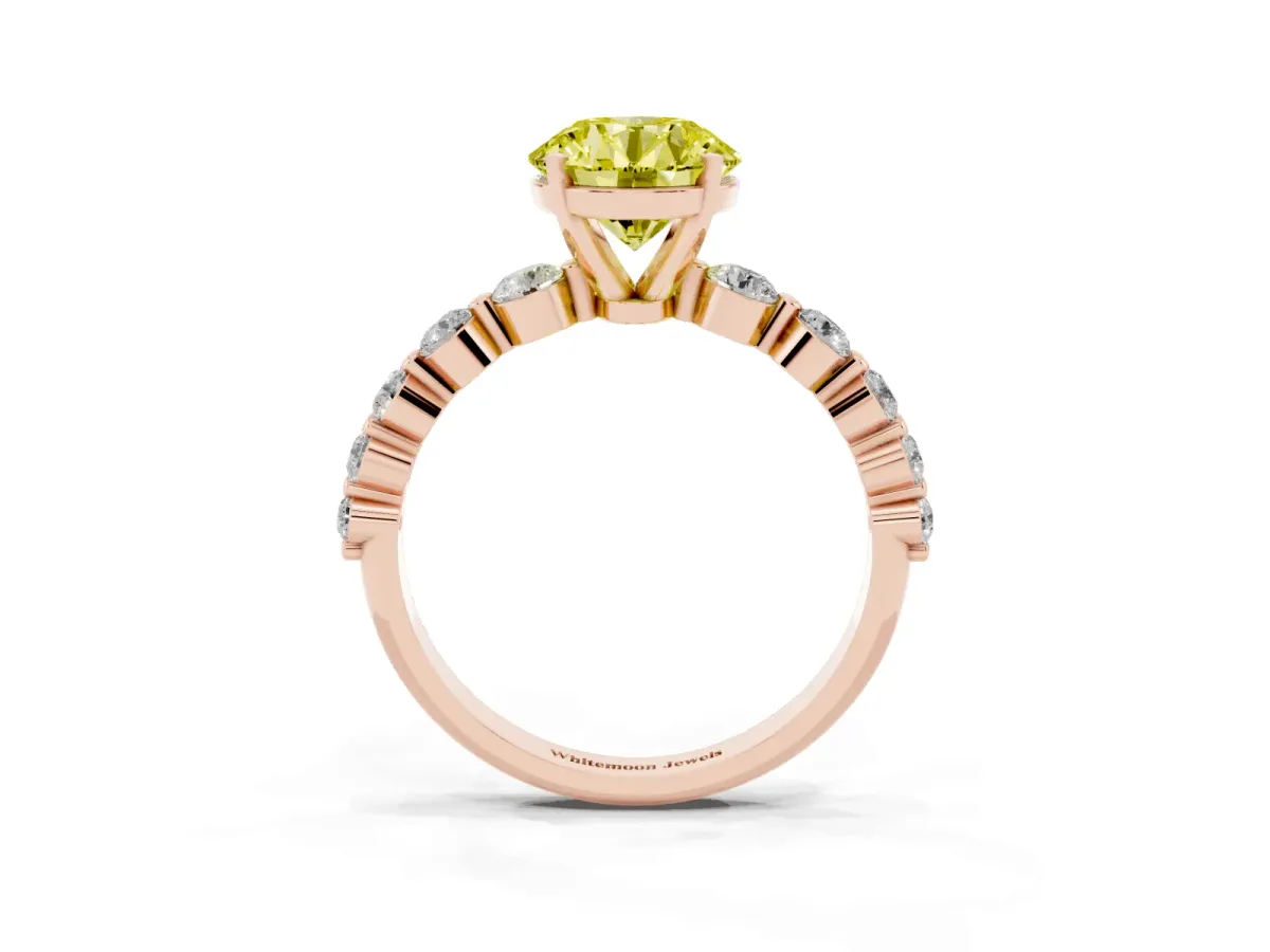 Fancy Yellow Round Cut Solitaire Diamond Ring with Pave Band and Four-Prong Setting Rose gold