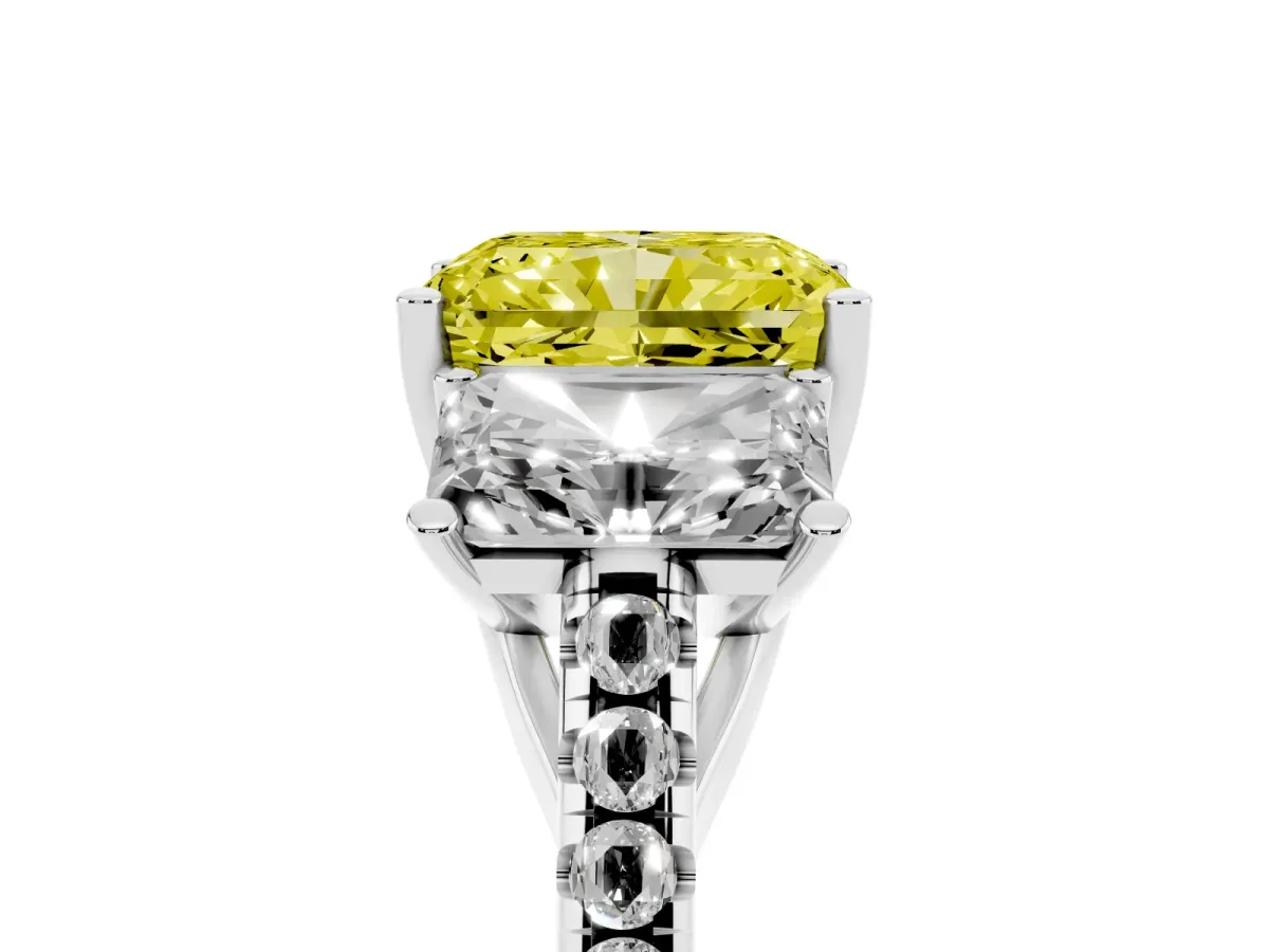 Fancy Yellow Three-Stone Radiant Cut Diamond Ring with Round Pavé Band and Prong Setting Silver