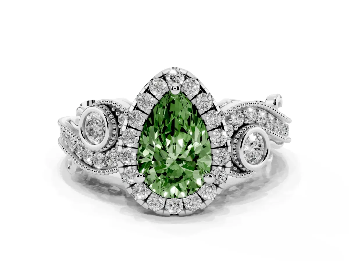 Fancy Green Pear Cut Halo Diamond Ring with Milgrain and Bezel Accents on a Split Shank Band White gold