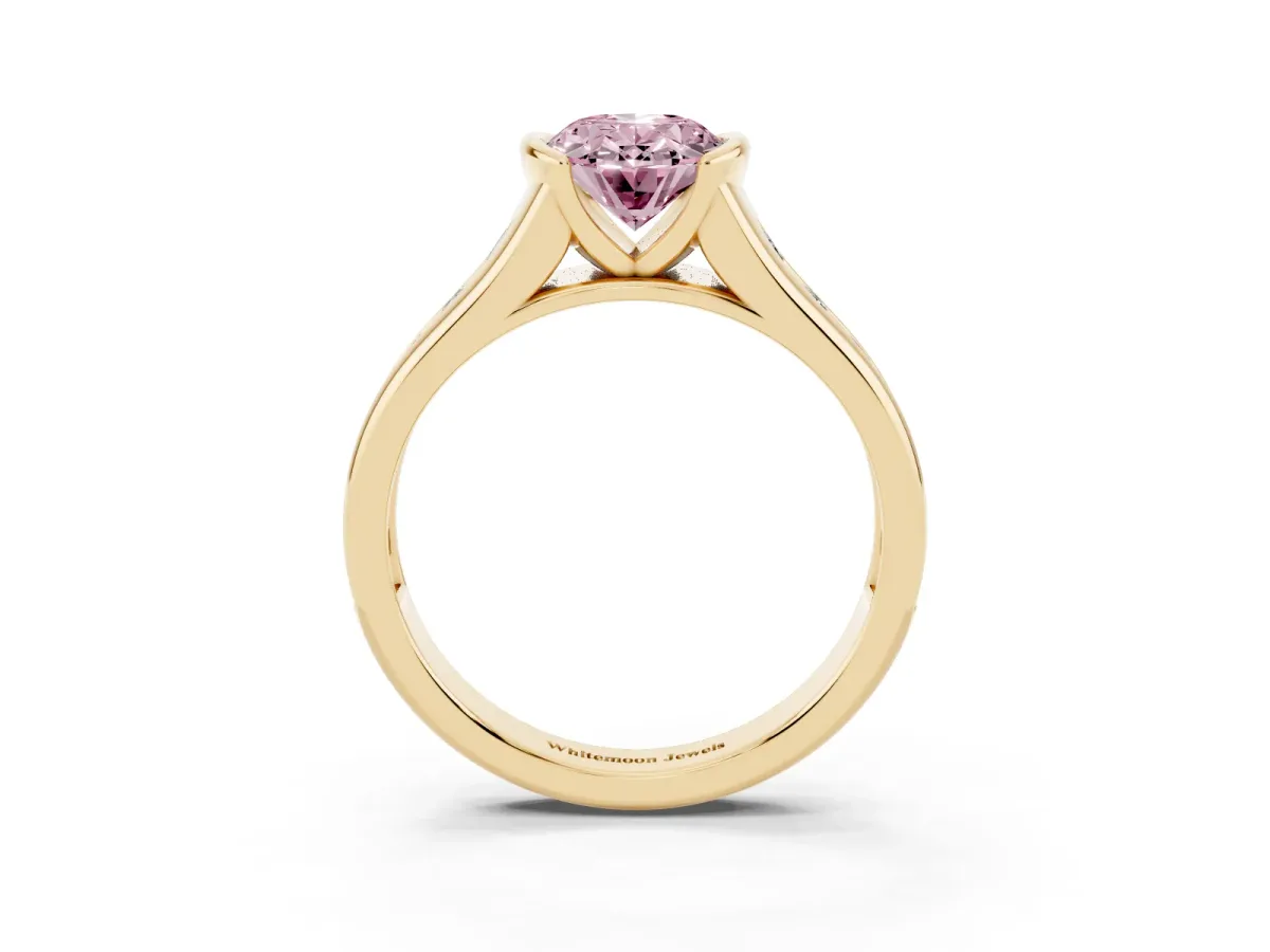 Fancy Pink Oval Cut Solitaire Bezel-Set Diamond Ring with Channel-Set Band Yellow gold