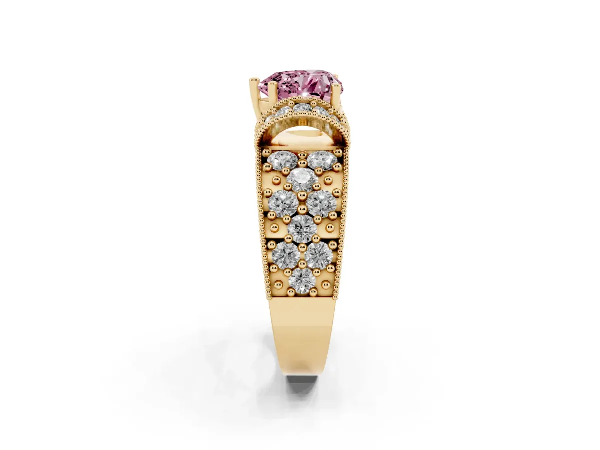 Fancy Pink Heart Cut Halo Pave Diamond Engagement Ring with Milgrain Detailing Yellow gold
