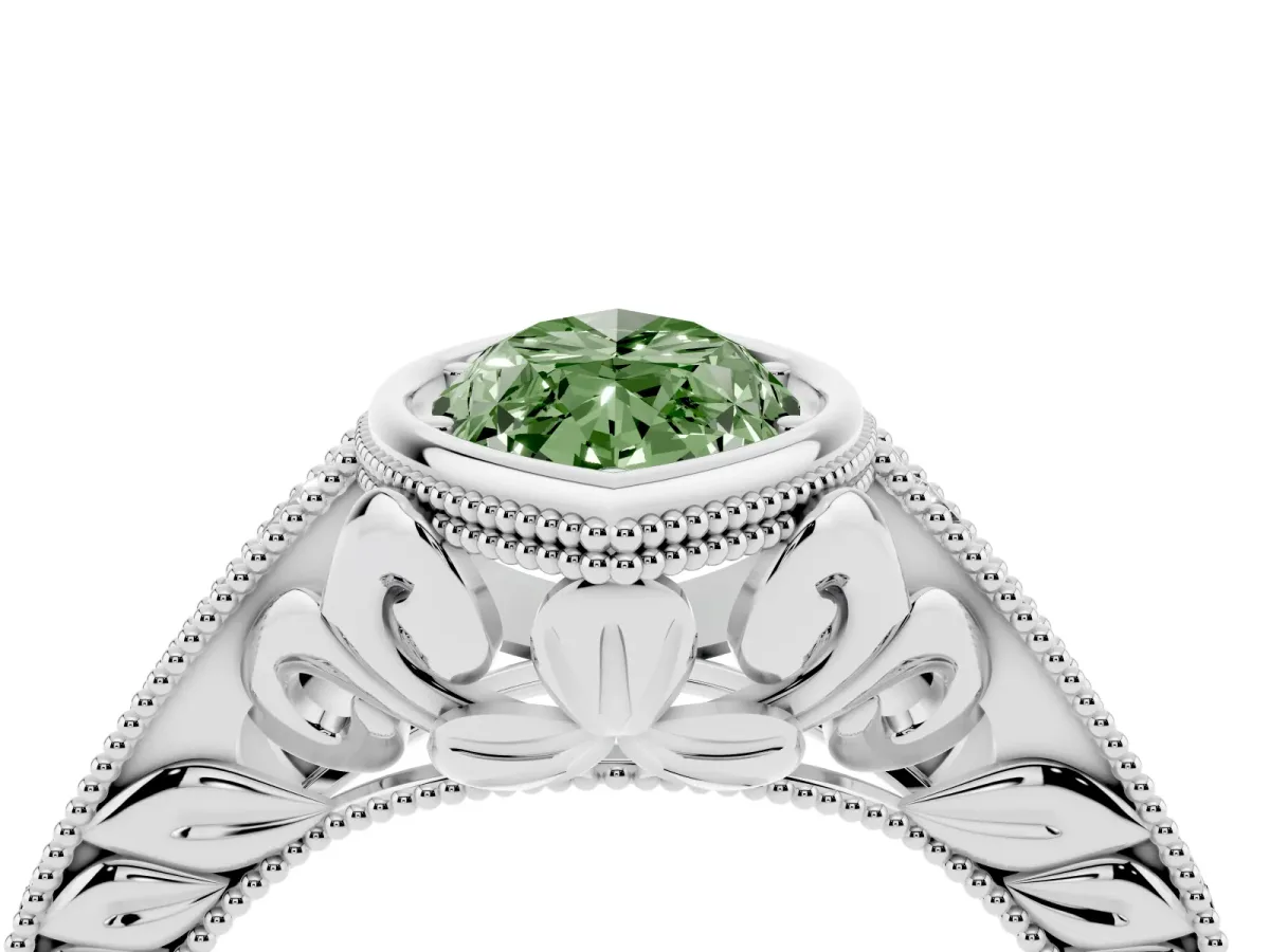 Fancy Green Bezel Set Marquise Cut Diamond Milgrain Pave Engagement Ring Silver