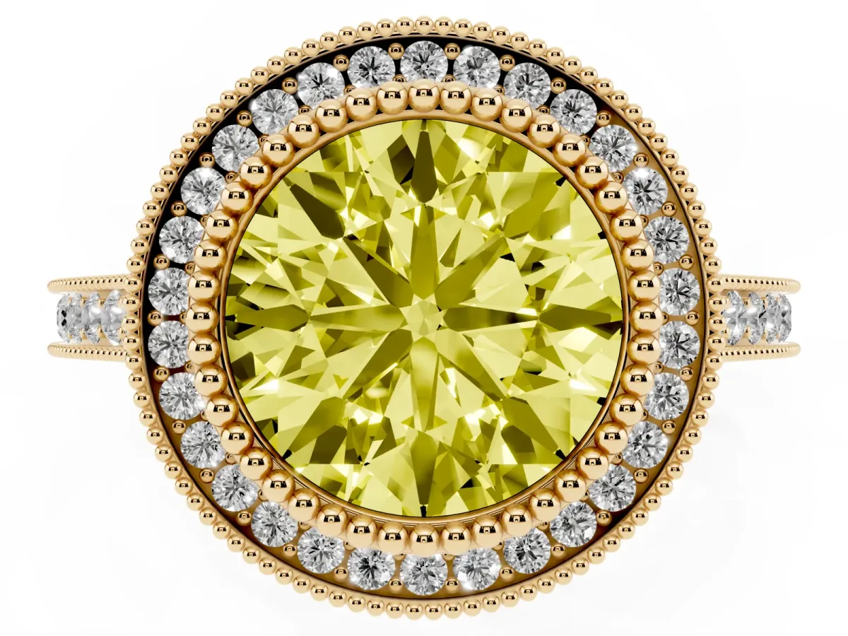 Fancy Yellow Round Cut Diamond Halo Ring with Milgrain Frame and Pavé Band Yellow gold
