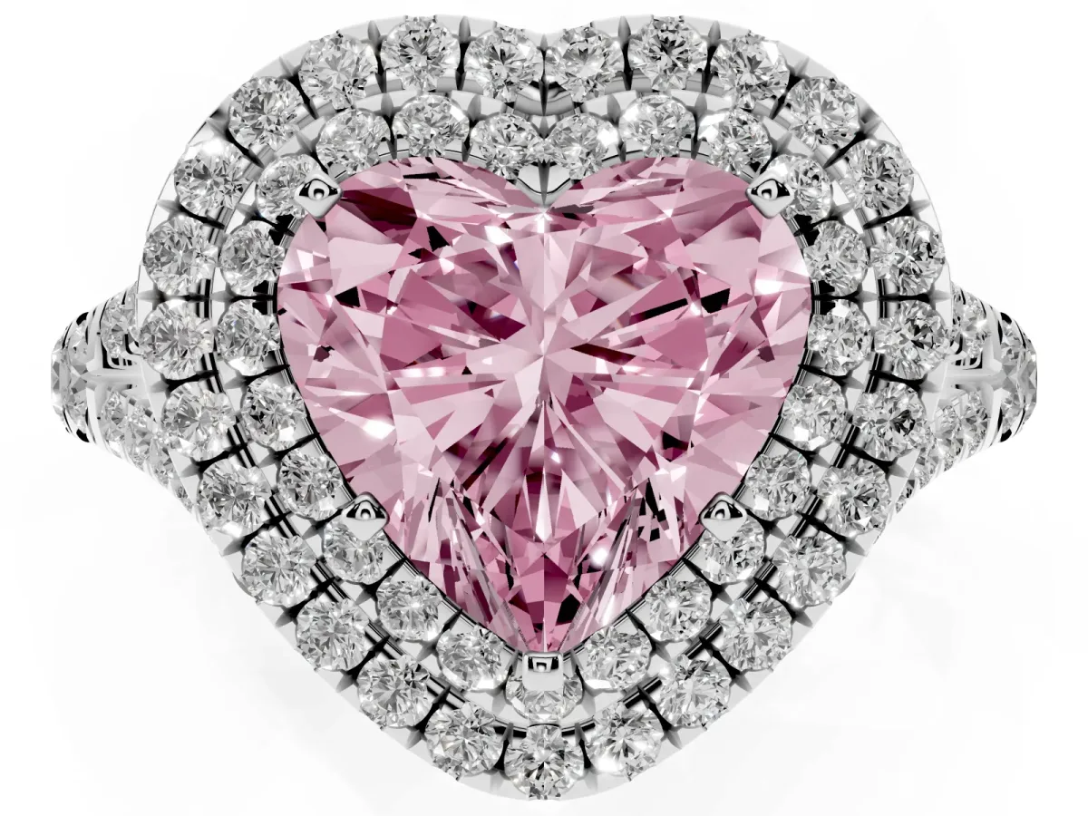 Fancy Pink Double Halo Heart Cut Diamond Split Shank Engagement Ring with Four-Prong Setting White gold