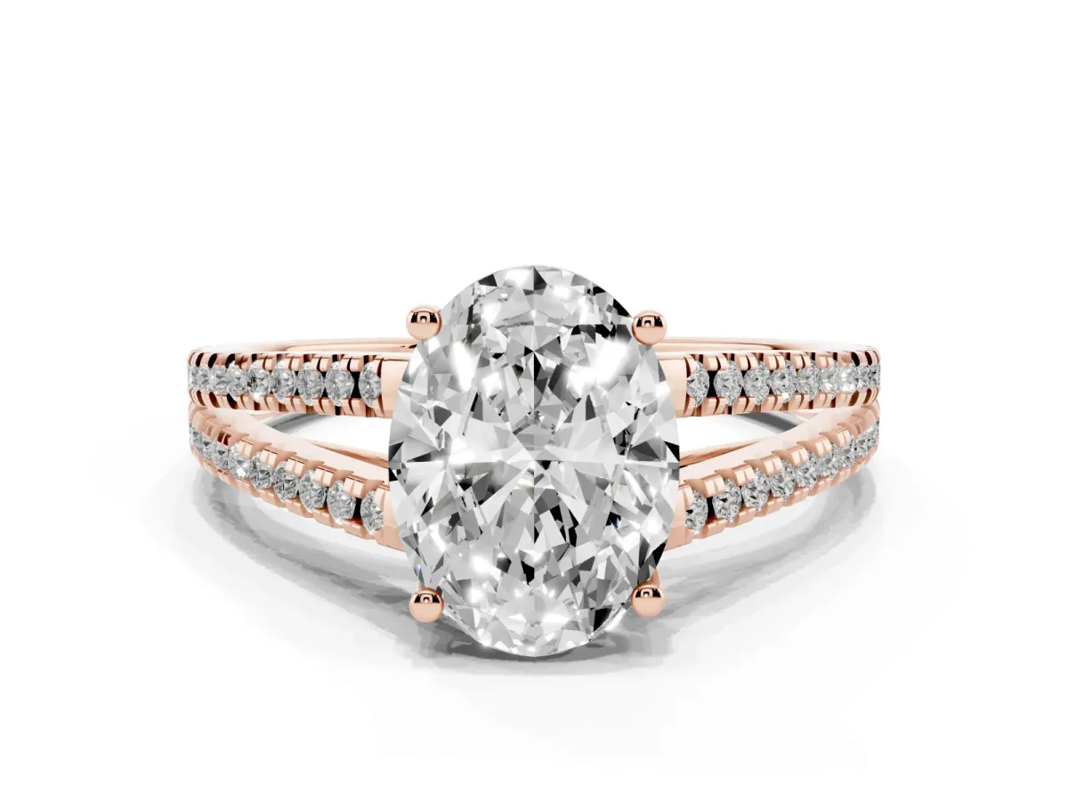 Oval Cut Diamond Solitaire Engagement Ring with Split Shank Pavé Band Rose gold