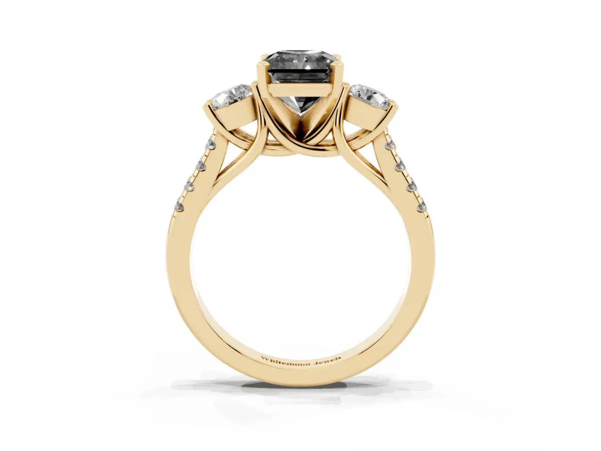 Fancy Black Three-Stone Radiant Cut Diamond Pavé Band with Four-Prong Setting Yellow gold