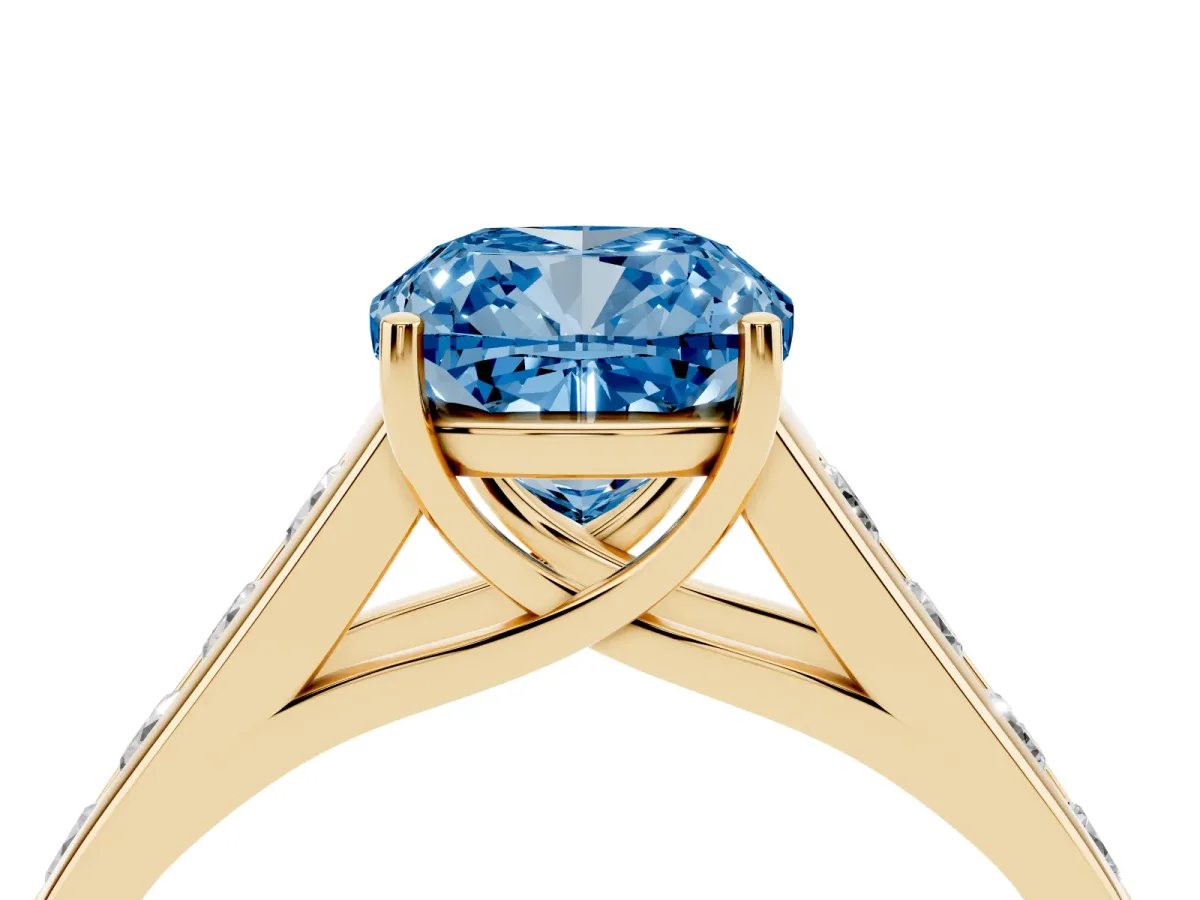 Fancy Blue Cushion Cut Solitaire Channel-Set Diamond Engagement Ring with Four-Prong Setting Yellow gold