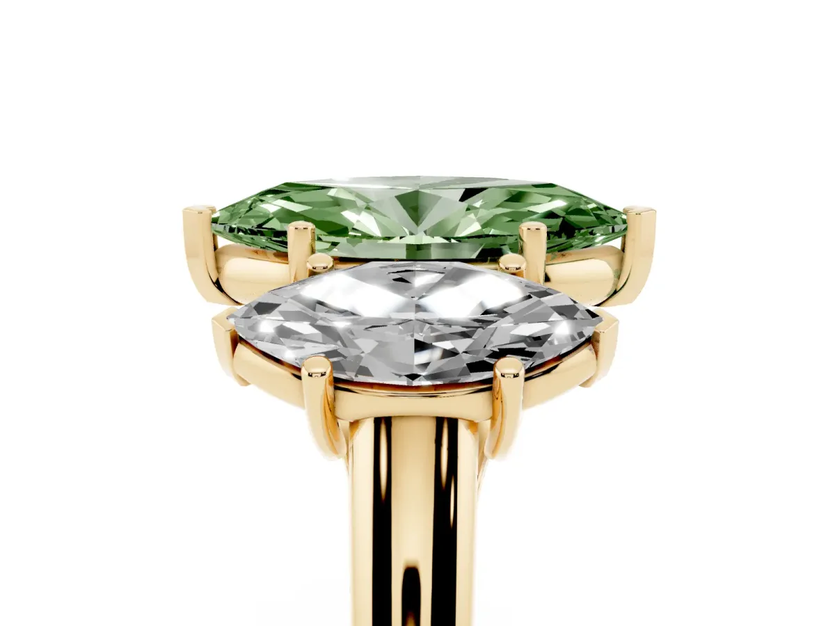 Fancy Green Three-Stone Marquise Cut Diamond Engagement Ring with Prong Setting Yellow gold