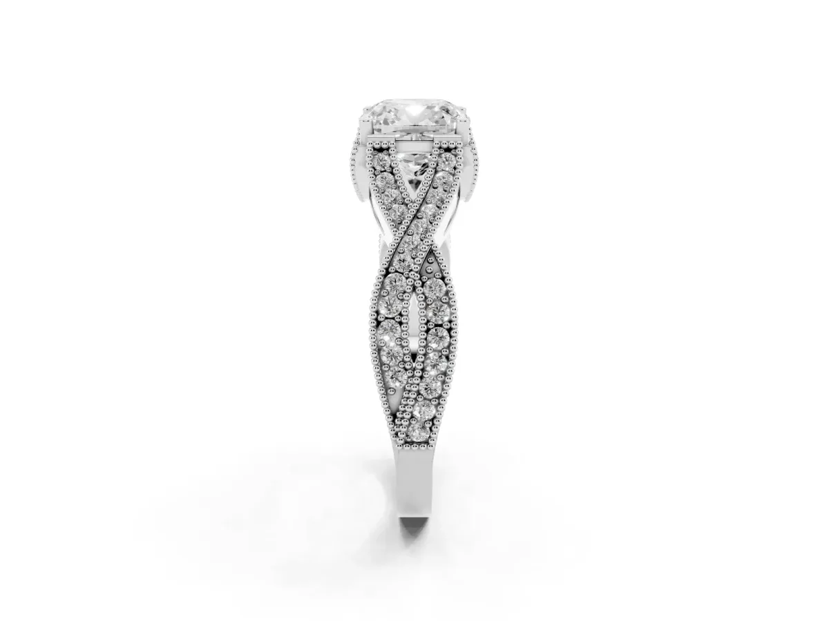 Cushion Cut Cut Diamond Twisted Band with Milgrain Pave Setting and Four-Prong Setting Silver