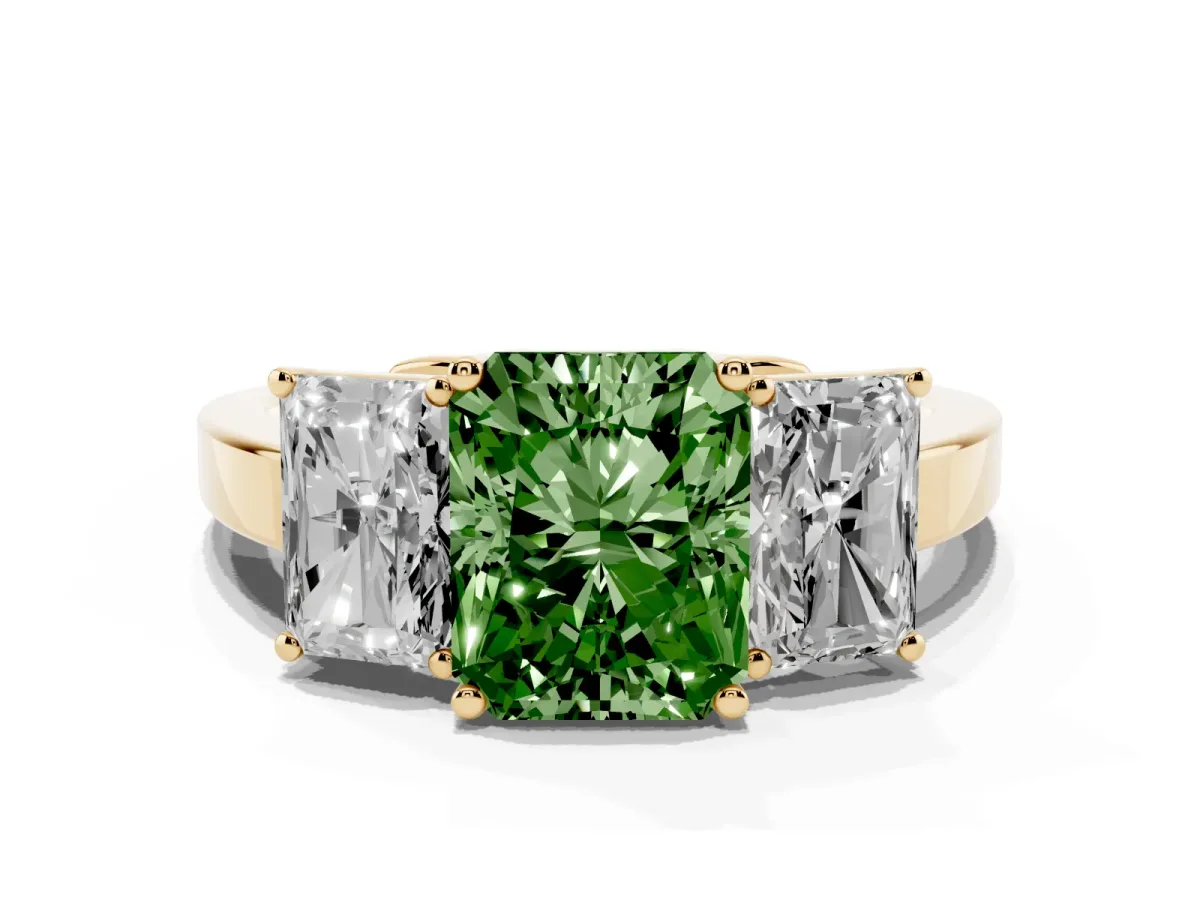 Fancy Green Three-Stone Radiant Cut Cut Diamond Engagement Ring with Flat Band and Four-Prong Setting Yellow gold