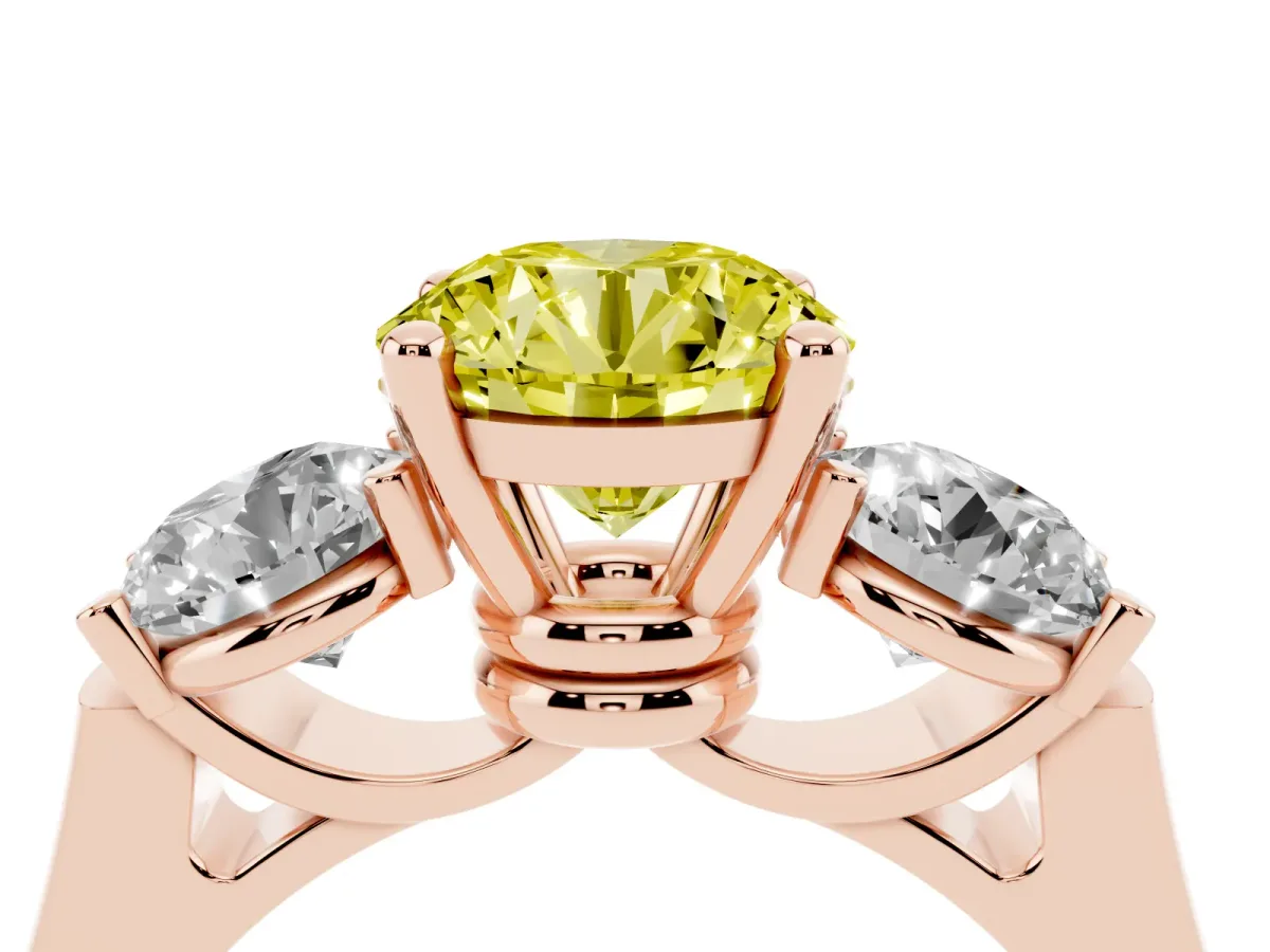 Fancy Yellow Three-Stone Round Cut Brilliant Diamond Trellis Ring with Comfort Fit Band Rose gold