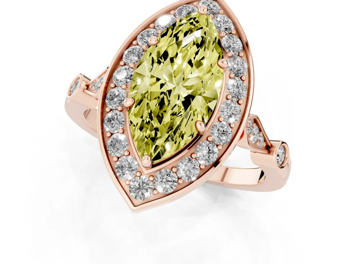 Fancy Yellow Marquise Cut Halo Diamond Engagement Ring with Twisted Band and Four-Prong Setting Rose gold
