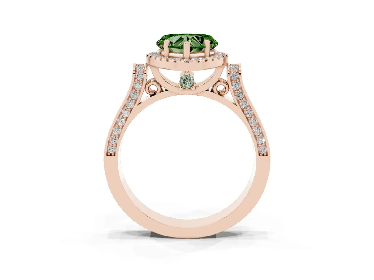 Fancy Green Heart Cut Halo Round Diamond Twist Band with Four-Prong Setting Rose gold