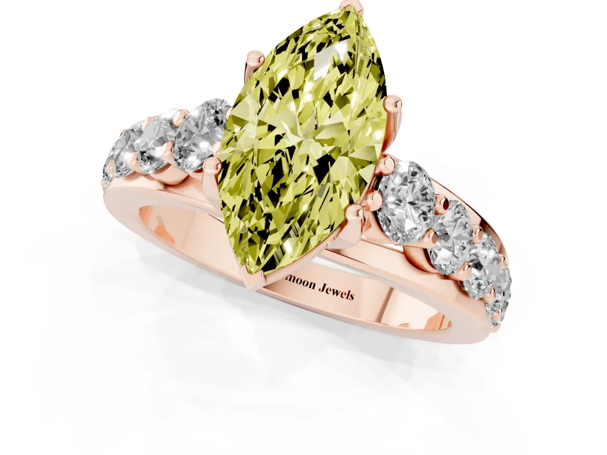 Fancy Yellow Marquise Cut Diamond Engagement Ring with Pavé Band and Four-Prong Setting Rose gold