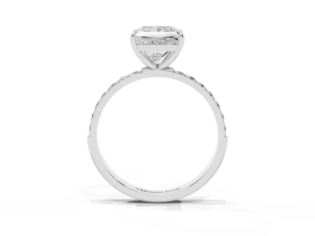 Princess Cut Diamond Solitaire Ring with Round Pavé Shoulders and Prong Setting Silver