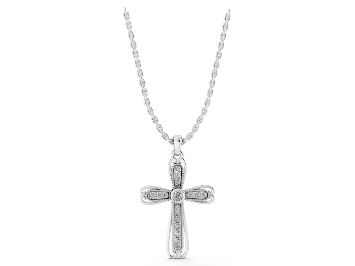 Pavé Round Diamond Cross Pendant with Bezel Setting Silver