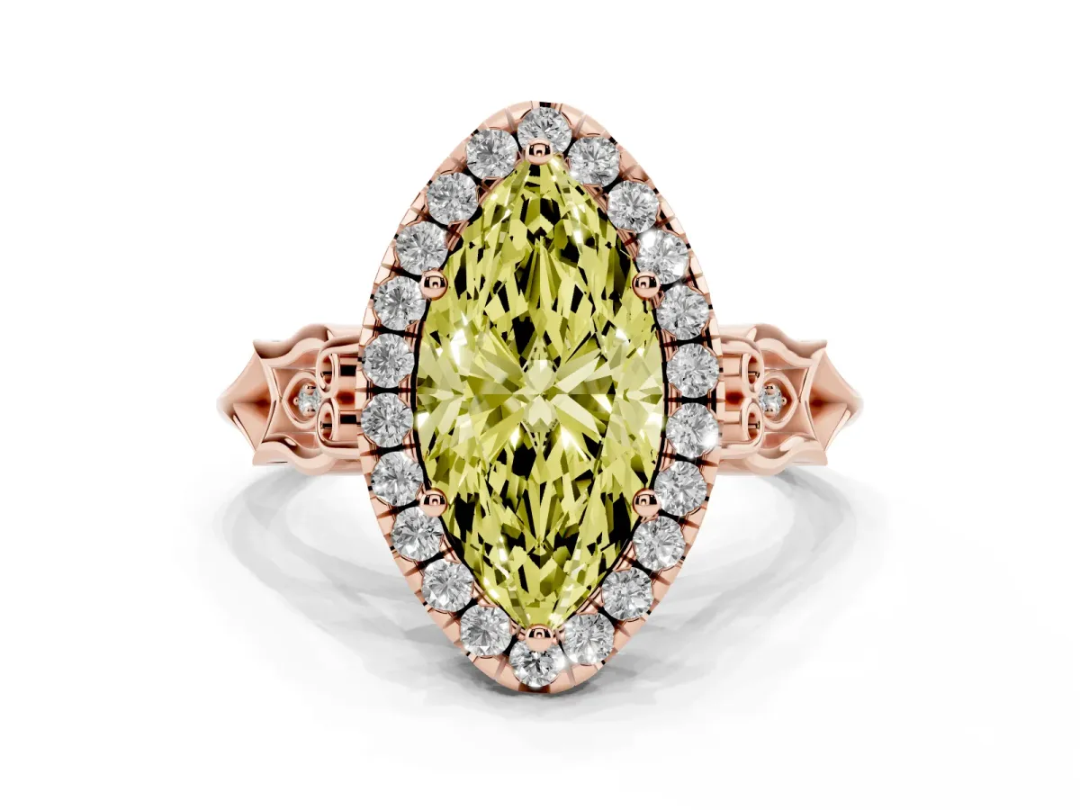 Fancy Yellow Marquise Cut Halo Diamond Engagement Ring with Filigree Band and Four-Prong Setting Rose gold