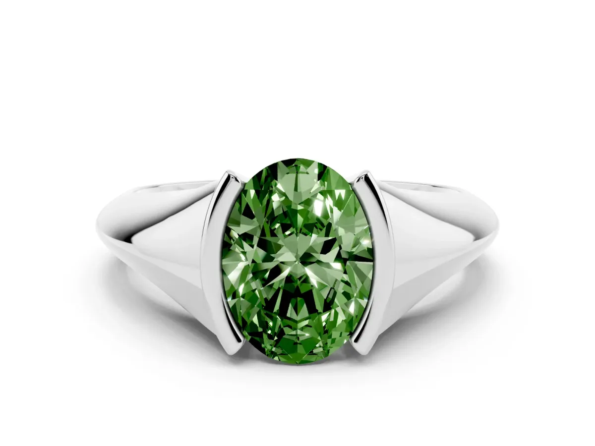 Fancy Green Oval Cut Solitaire Tension Set Diamond Ring Silver