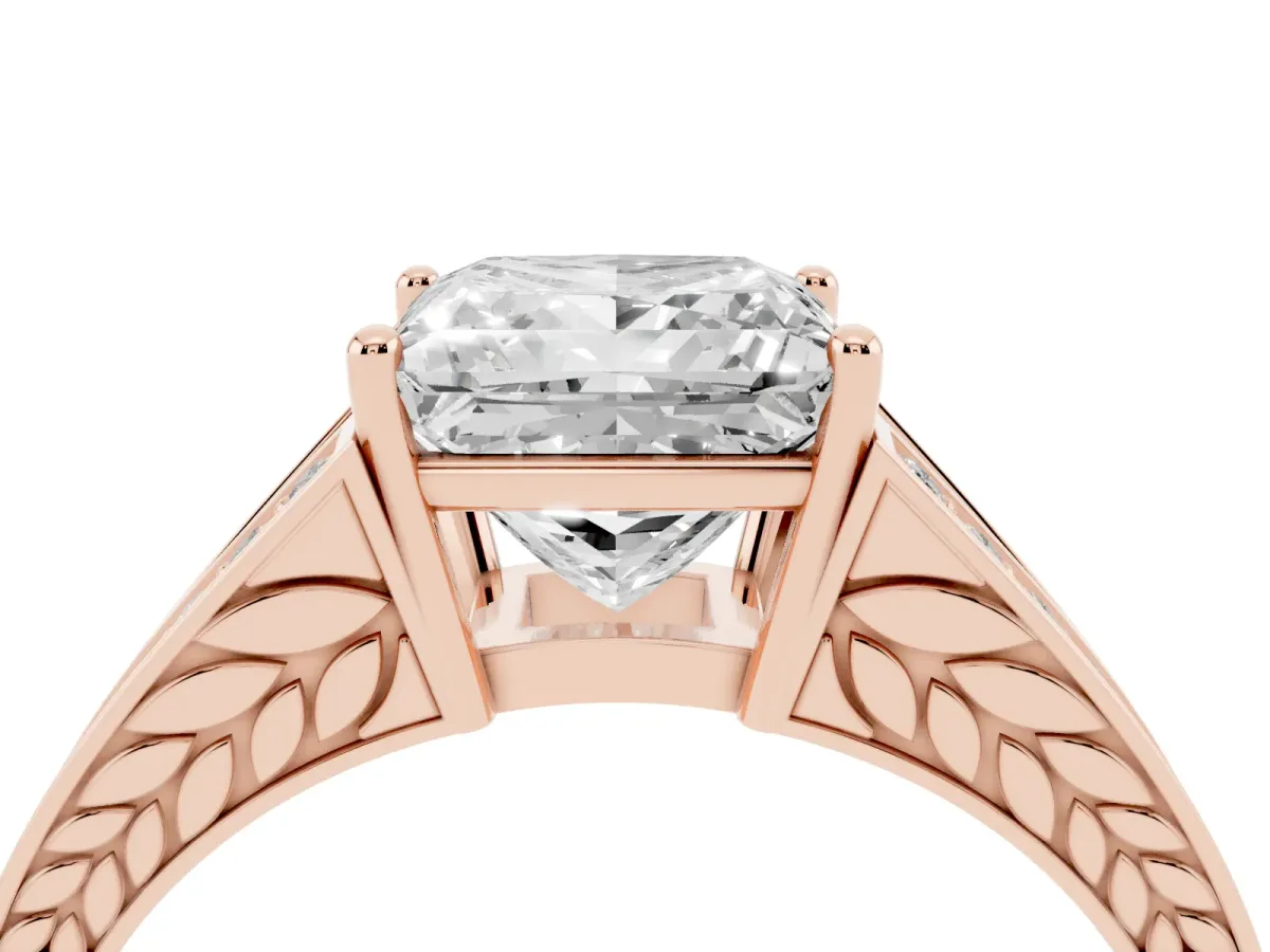 Princess Cut Diamond Split Shank Ring with Pavé Band and Four-Prong Setting Rose gold