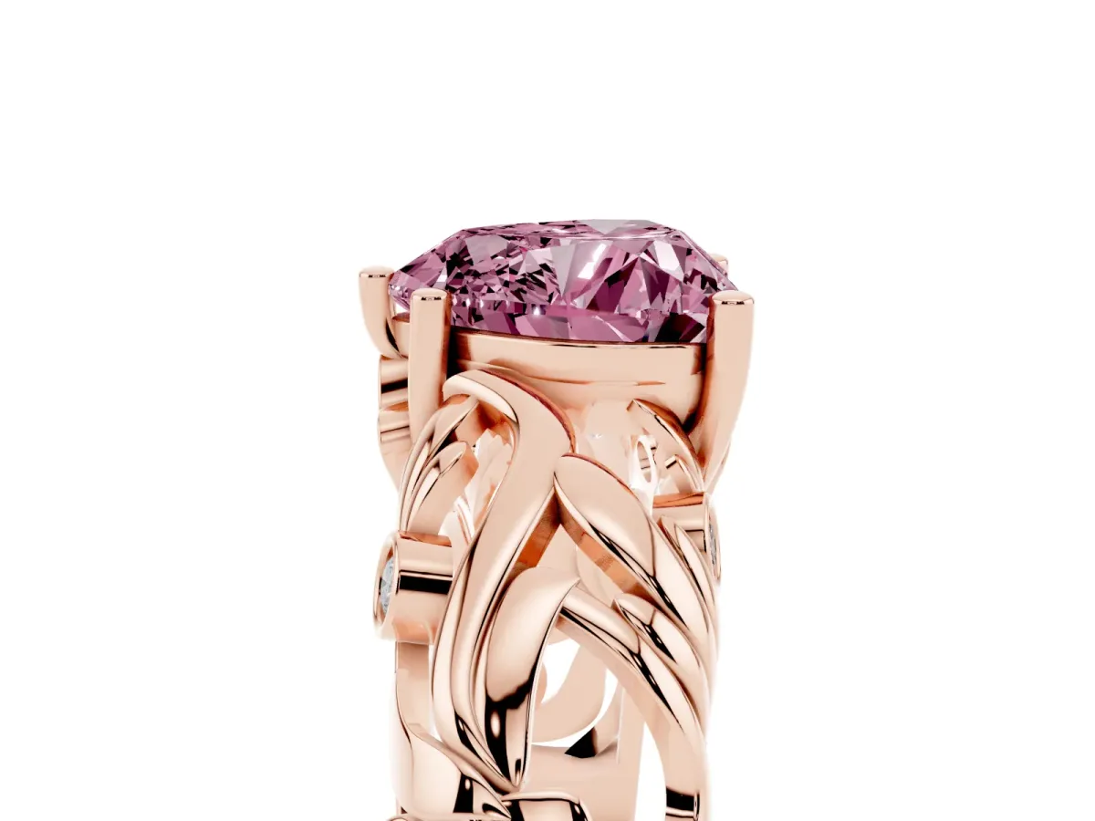 Fancy Pink Heart Cut Solitaire Diamond Leaf-Inspired Vine Band Ring with Prong Setting Rose gold