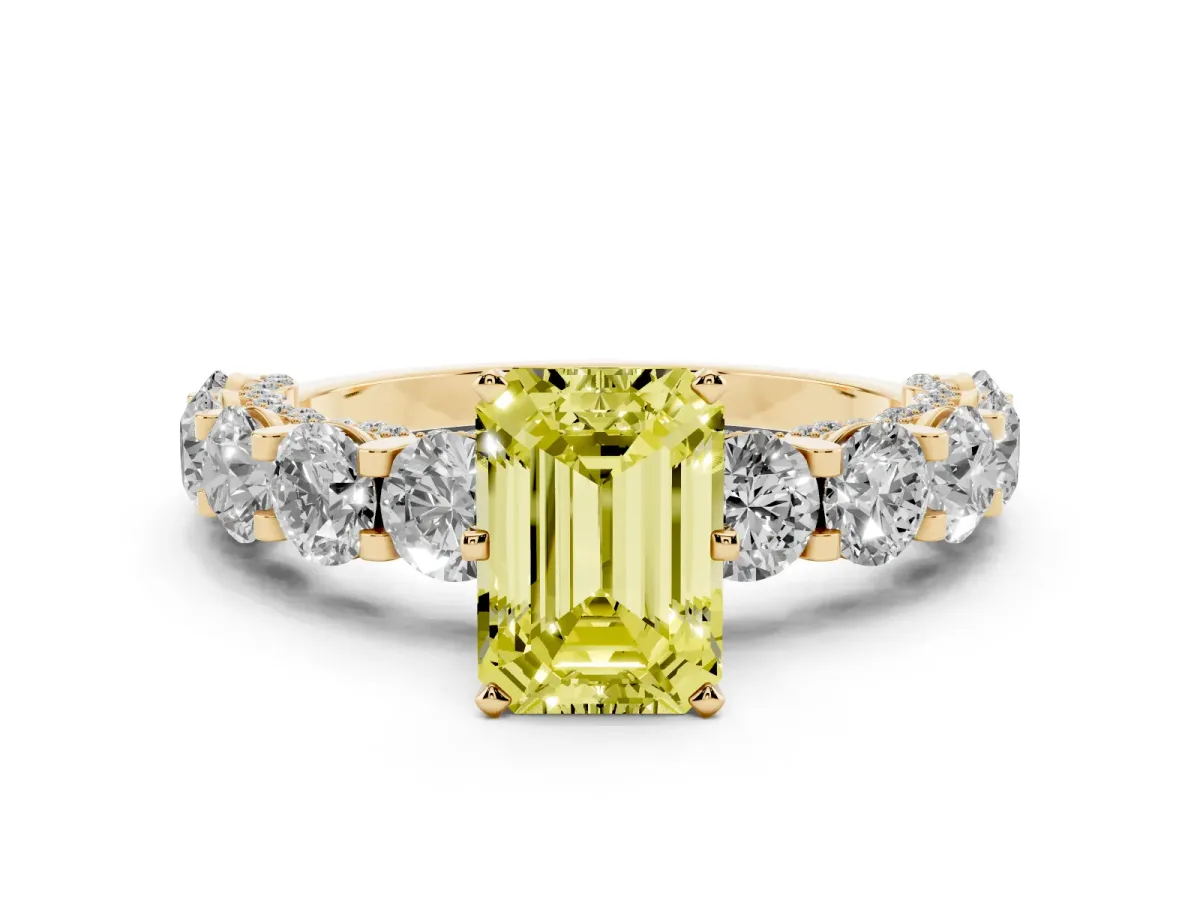 Fancy Yellow Emerald Cut Diamond Side Stone Engagement Ring with Four-Prong Setting Yellow gold