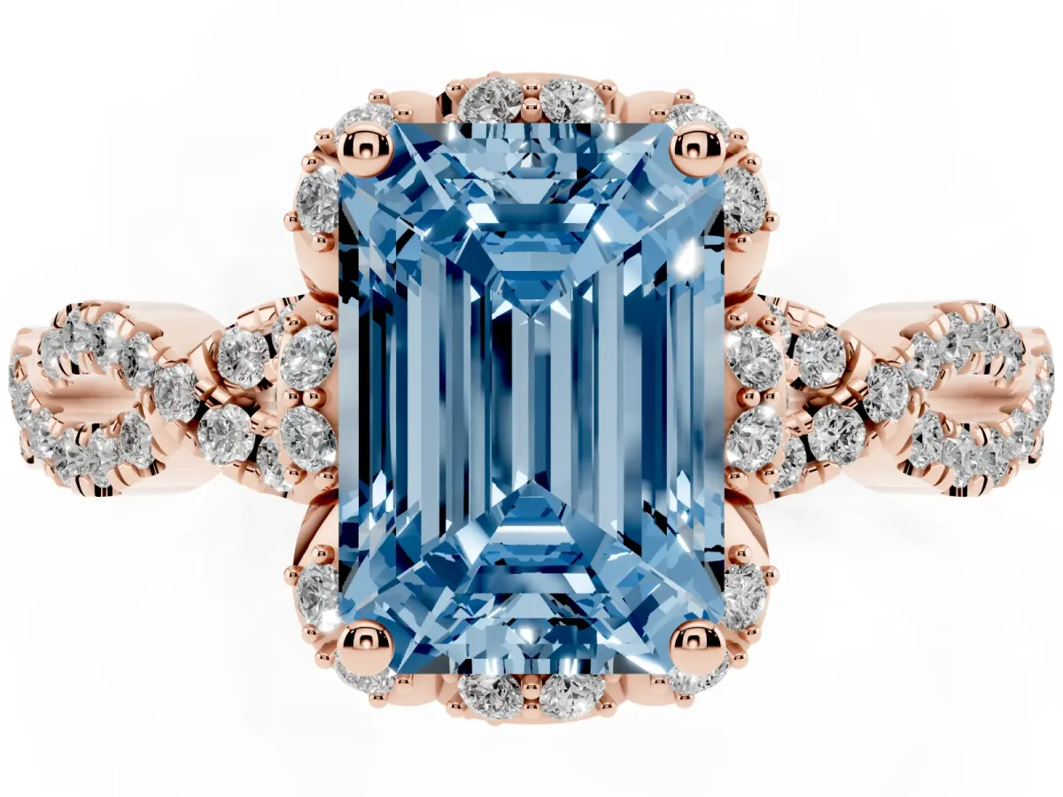 Fancy Blue Emerald Cut Halo Twist Band Solitaire Ring with Six-Prong Setting Rose gold