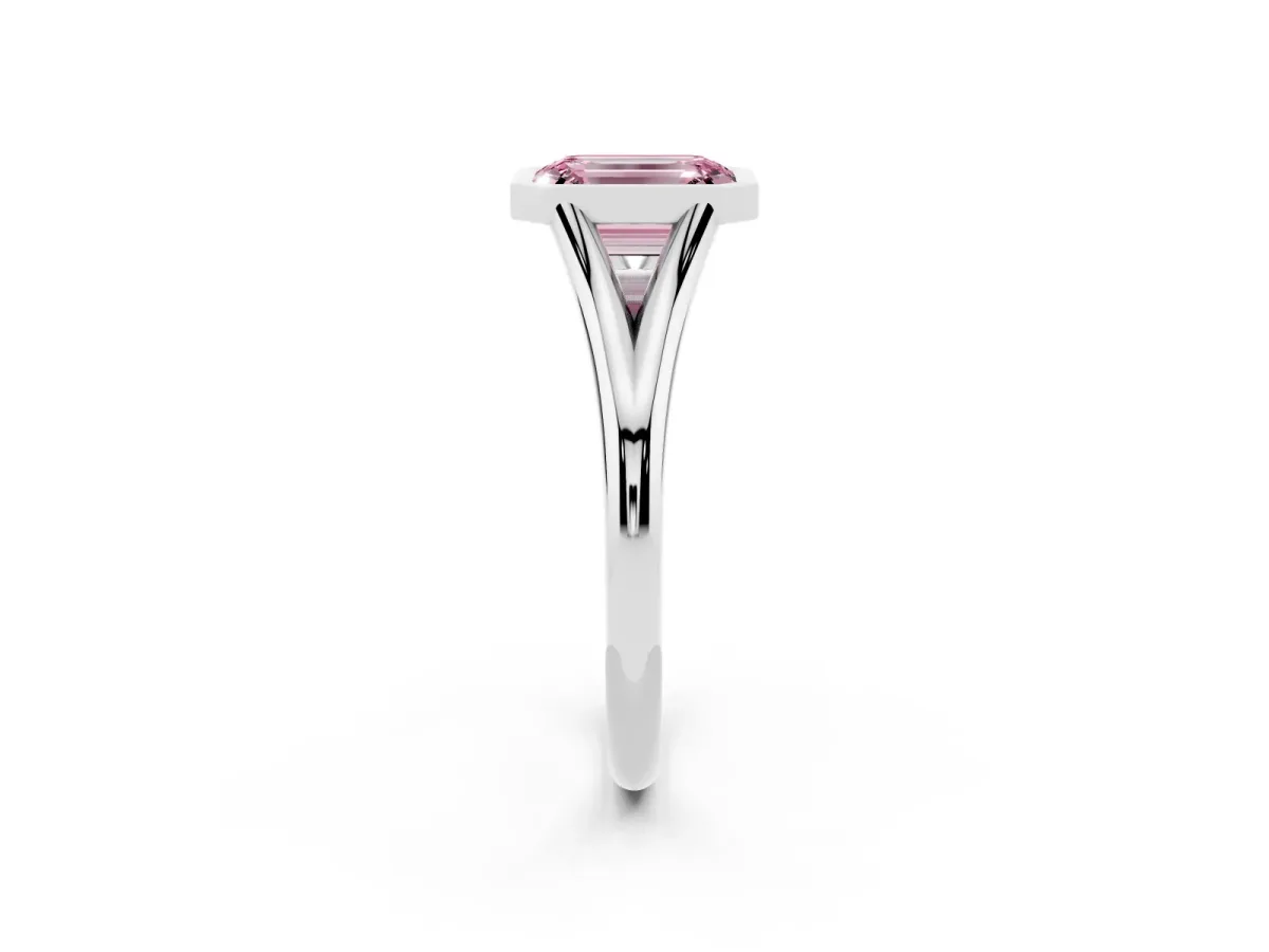 Fancy Pink Bezel Set Emerald Cut Cut Solitaire Ring with Tapered Band Silver