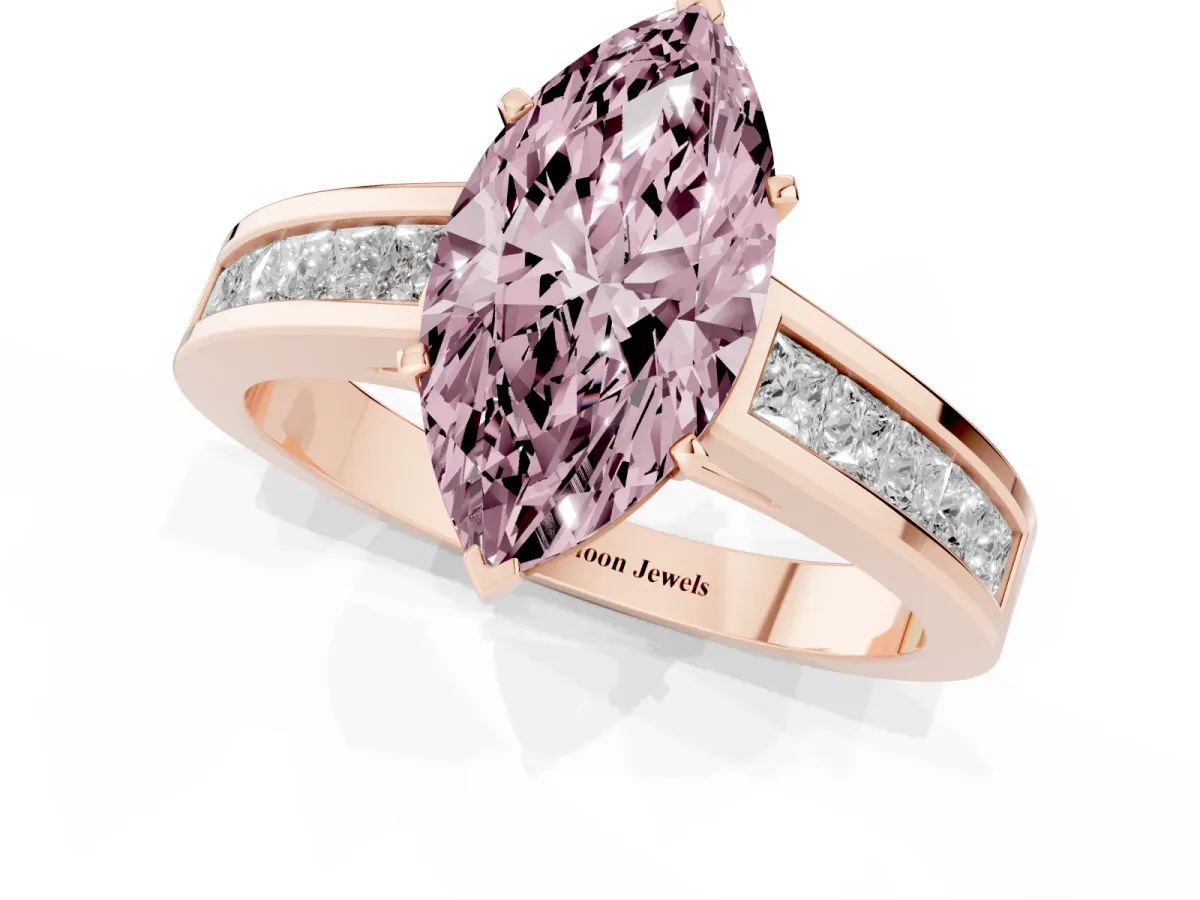 Fancy Pink Marquise Cut Solitaire Diamond Ring with Channel-Set Band and Four-Prong Setting Rose gold